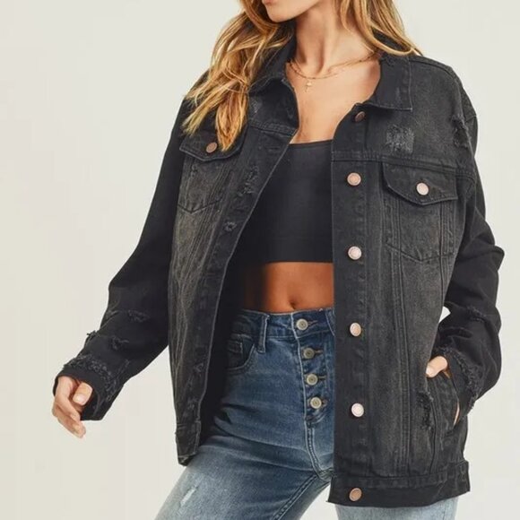 RISEN Full Size Distressed Long Sleeve Denim Jacket - Picture 5 of 6